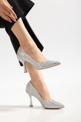 K-114 Gümüş Ağaç Kabuğu Desenli Sivri Burunlu  Topuklu Kadın Ayakkabı