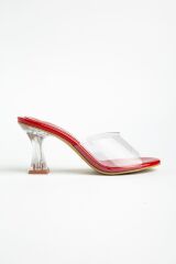 S-619 Kırmızı Rugan Şeffaf Bantlı Şeffaf Topuklu Yuvarlak Burunlu Kadın Terlik