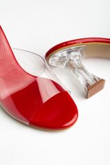 S-619 Kırmızı Rugan Şeffaf Bantlı Şeffaf Topuklu Yuvarlak Burunlu Kadın Terlik