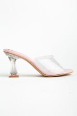S-619 Pembe Rugan Şeffaf Bantlı Şeffaf Topuklu Yuvarlak Burunlu Kadın Terlik