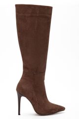 LS-226 Kahve Süet Fermuarlı Lastikli İnce Yüksek Topuklu Kadın Çizme