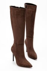 LS-226 Kahve Süet Fermuarlı Lastikli İnce Yüksek Topuklu Kadın Çizme