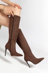 LS-226 Kahve Süet Fermuarlı Lastikli İnce Yüksek Topuklu Kadın Çizme
