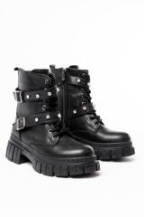 842-03 Siyah Bağcıklı Kalın Tabanlı Bağcıklı Fermuarlı Günlük Kadın Bot
