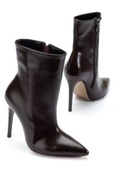 S-2008 Kahve Kırışık Fermuarlı Sivri Burun İnce Topuk Günlük Kadın Bot