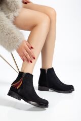 165-205 Siyah Süet Yaprak Desenli Fermuarlı Günlük Kadın Bot