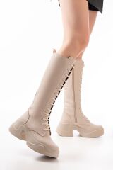 FZ-2450 Bej Yüksek Tabanlı Bağcıklı Fermuarlı Günlük Kadın Çizme