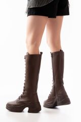 FZ-2450 Kahverengi Yüksek Tabanlı Bağcıklı Fermuarlı Günlük Kadın Çizme