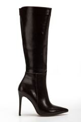 LS-226 Kahve Kırışık Rugan Fermuarlı Lastikli İnce Yüksek Topuklu Kadın Çizme