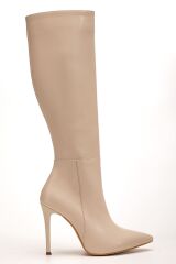 LS-226 Bej Cilt Fermuarlı Lastikli İnce Yüksek Topuklu Kadın Çizme