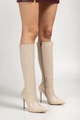LS-226 Bej Cilt Fermuarlı Lastikli İnce Yüksek Topuklu Kadın Çizme