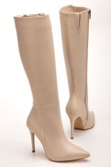 LS-226 Bej Cilt Fermuarlı Lastikli İnce Yüksek Topuklu Kadın Çizme