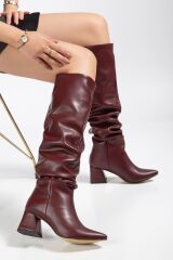 SYT-2002 Bordo Cilt  Körüklü Kalın Topuklu Günlük Bayan Çizme