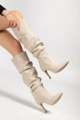 SYT-2003 Bej Körüklü İnce Topuklu Günlük Bayan Çizme