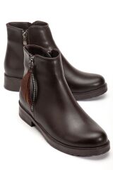 165-205 Kahve Yaprak Desenli Fermuarlı Günlük Kadın Bot