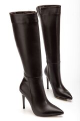LS-226 Kahve Cilt Fermuarlı Lastikli İnce Yüksek Topuklu Kadın Çizme