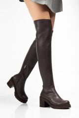 767-3010 Kahve Streç Günlük Kalın Topuklu Kadın Çizme